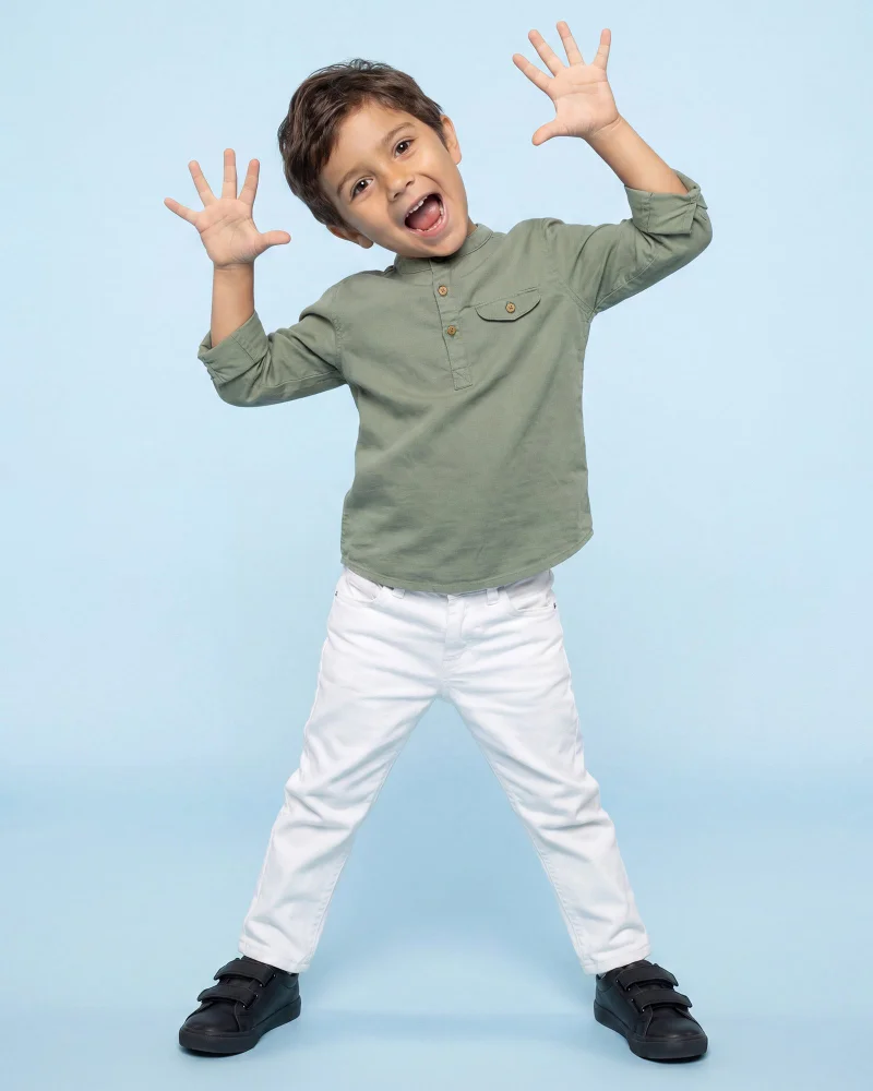 Redtag Boys Green and Olive Mandarin Collar Long Sleeve Kurta Shirt