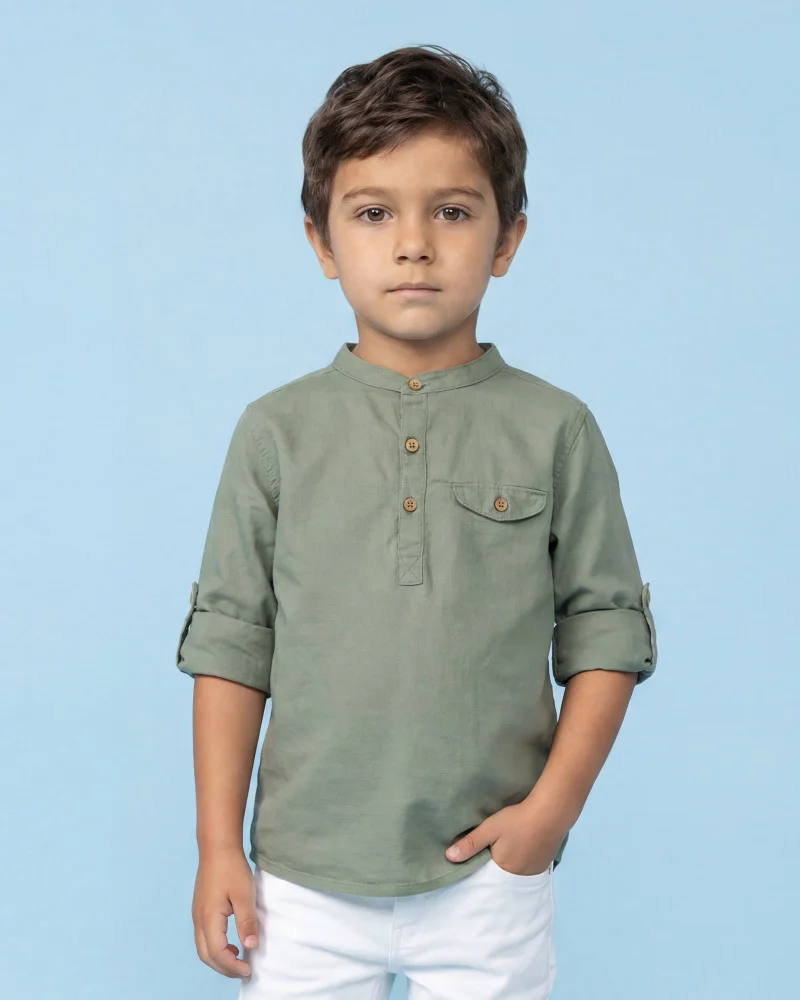 Redtag Boys Green and Olive Mandarin Collar Long Sleeve Kurta Shirt