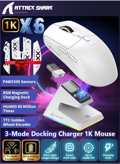 X6 Lightweight Wireless Gaming Mouse with 3 Mode Wired 2.4G BT5.2 Up to 26K DPI RGB Touch Magnetic Charging Base (with Tape)