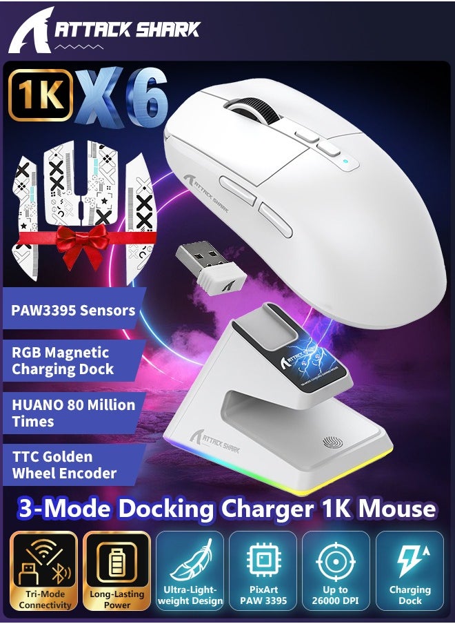 Attack Shark - X6 Lightweight Wireless Gaming Mouse with 3 Mode Wired 2.4G BT5.2 Up to 26K DPI RGB Touch Magnetic Charging Base (with Tape) - Image 1