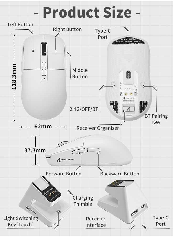 Attack Shark - X6 Lightweight Wireless Gaming Mouse with 3 Mode Wired 2.4G BT5.2 Up to 26K DPI RGB Touch Magnetic Charging Base (with Tape) - Image 1