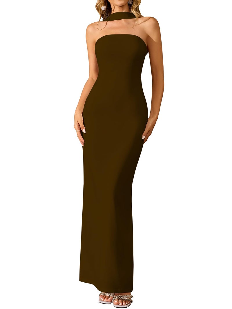 HTZMO Women Elegant Summer Bodycon Maxi Dress Halter Neck Formal Wedding Guest Cocktail Party Long Dresses Brown M - Image 1