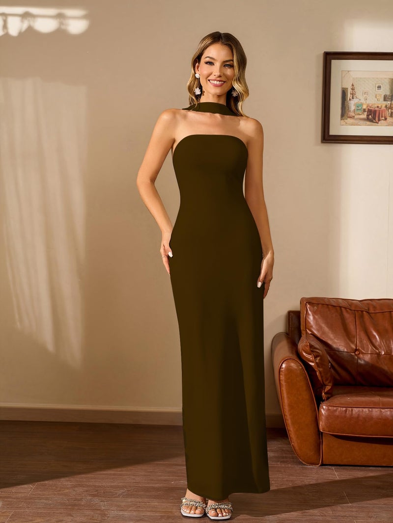 HTZMO Women Elegant Summer Bodycon Maxi Dress Halter Neck Formal Wedding Guest Cocktail Party Long Dresses Brown M - Image 2