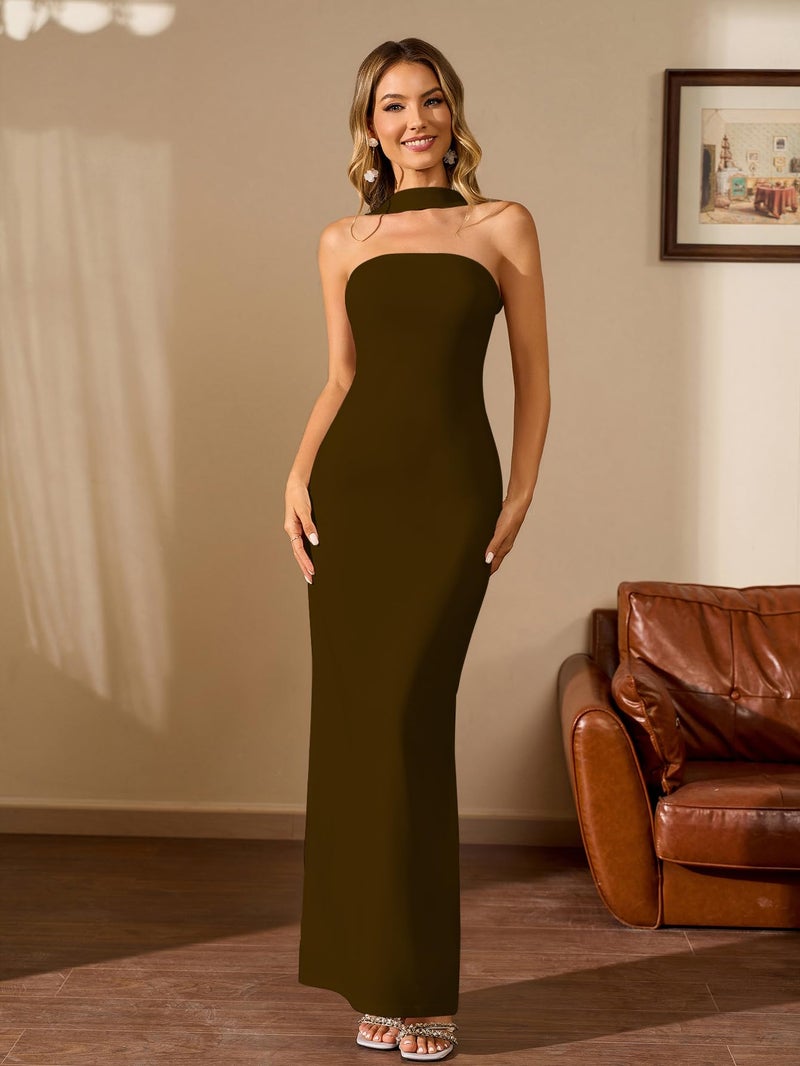 HTZMO Women Elegant Summer Bodycon Maxi Dress Halter Neck Formal Wedding Guest Cocktail Party Long Dresses Brown M - Image 5
