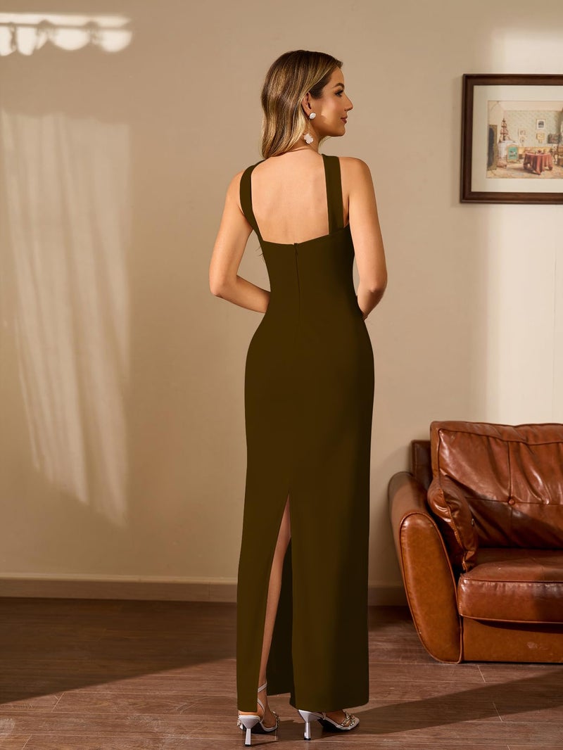 HTZMO Women Elegant Summer Bodycon Maxi Dress Halter Neck Formal Wedding Guest Cocktail Party Long Dresses Brown M - Image 3