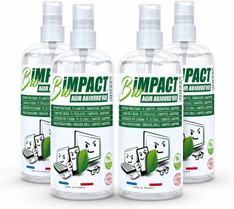 Green Screen Cleaner 4 x 500 ml - Spray for TV, PC, Laptop, Smartphone & Glasses - Streak-Free - Natural Ecocert
