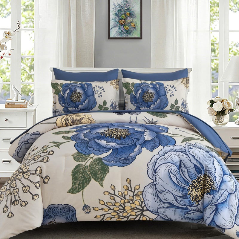 Luxudecor Beige Floral Queen Comforter Set 7 Pieces Bed in a Bag,Blue Flower Print on Beige Bedding Set,Soft Reversible Comforter with Sheets 90"x90" - Image 1