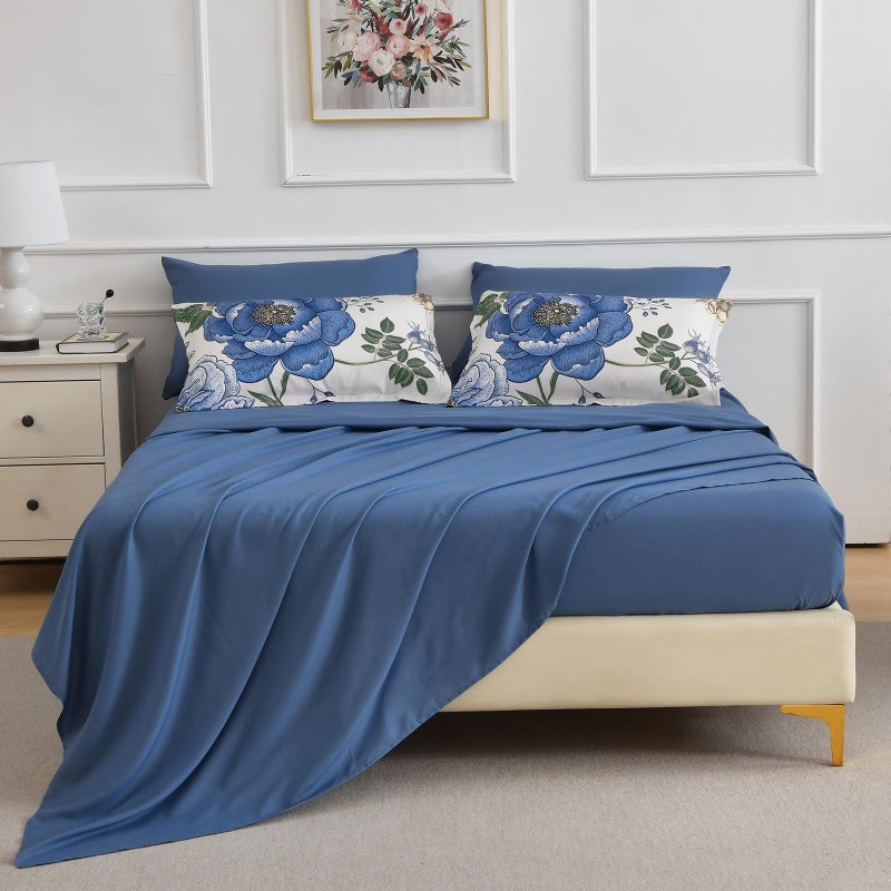 Luxudecor Beige Floral Queen Comforter Set 7 Pieces Bed in a Bag,Blue Flower Print on Beige Bedding Set,Soft Reversible Comforter with Sheets 90"x90" - Image 4