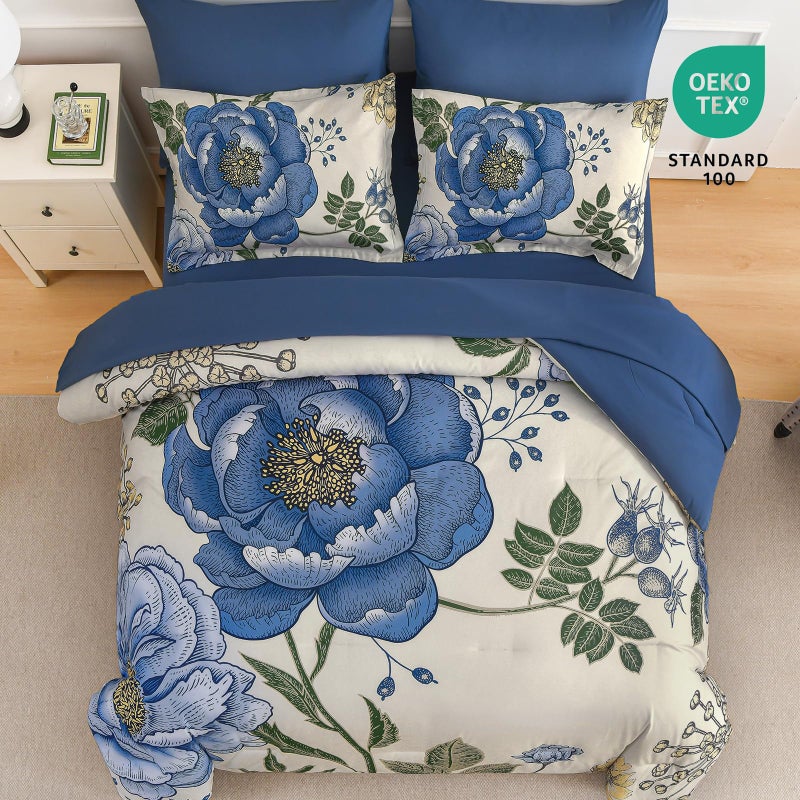 Luxudecor Beige Floral Queen Comforter Set 7 Pieces Bed in a Bag,Blue Flower Print on Beige Bedding Set,Soft Reversible Comforter with Sheets 90"x90" - Image 3