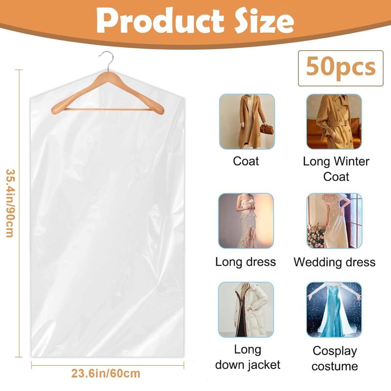 RAMONI 50 Pcs Plastic Hanging Garment Bag Transparent Dust proof Covers for Clothes Universal Size Coat Cover Suit Cover Dress Cover for Wardrobe 60 x 90 cm - Image 2