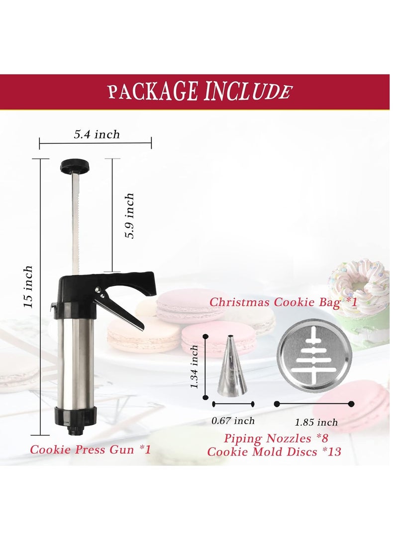 Generic Cookie Press, Baking-Stainless Steel Cookie Press Gun+13 Cookie Discs+8 Icing Nozzles, Spritz Cookie Press Gun Kit for Making and Decorating Cookies  - Image 2