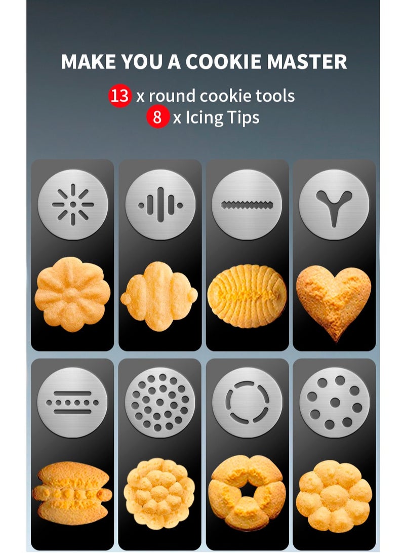 Cookie Press, Baking-Stainless Steel Cookie Press Gun+13 Cookie Discs+8 Icing Nozzles, Spritz Cookie Press Gun Kit for Making and Decorating Cookies