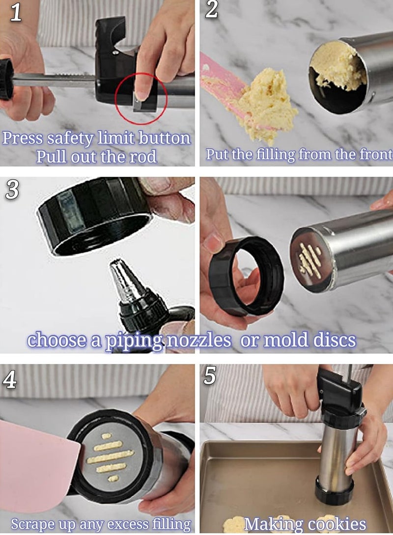 Cookie Press, Baking-Stainless Steel Cookie Press Gun+13 Cookie Discs+8 Icing Nozzles, Spritz Cookie Press Gun Kit for Making and Decorating Cookies