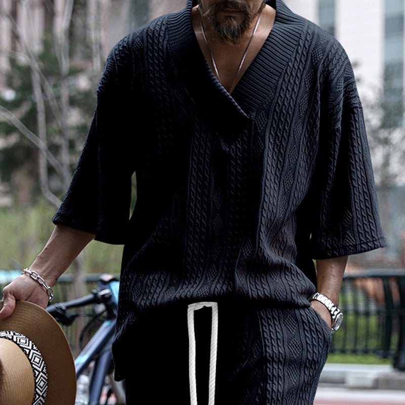Cross-Border men''s casual knitted T-shirt men''s summer loose short sleeve loose large v-neck sports solid color T-shirt men - Image 3