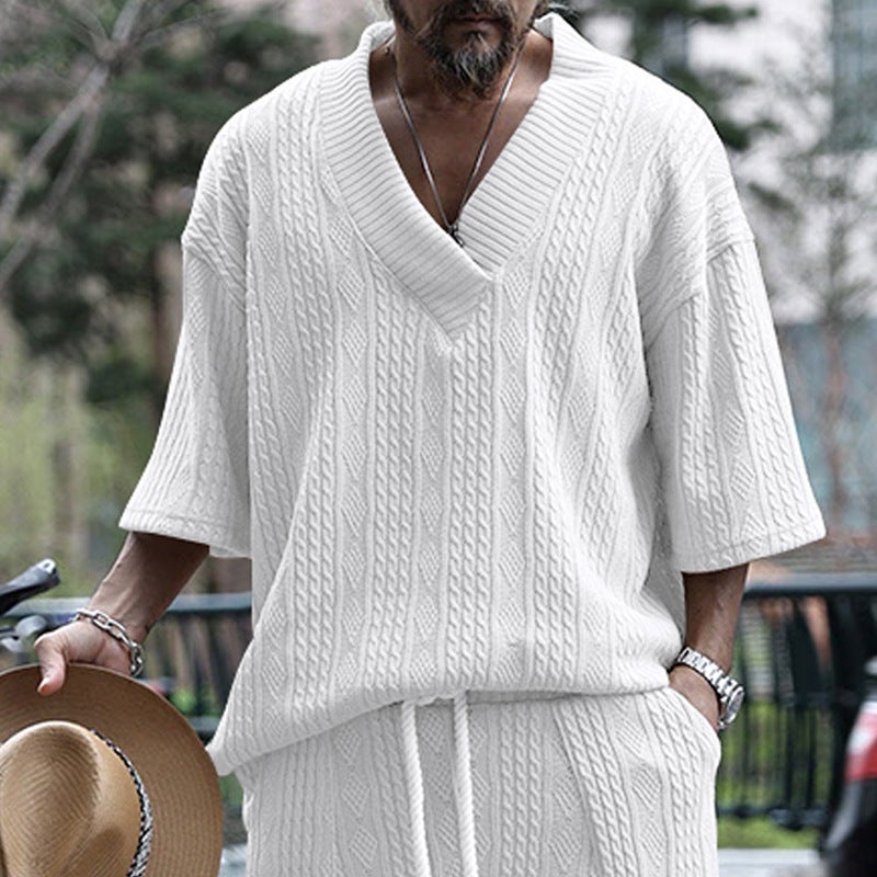 Cross-Border men''s casual knitted T-shirt men''s summer loose short sleeve loose large v-neck sports solid color T-shirt men - Image 4