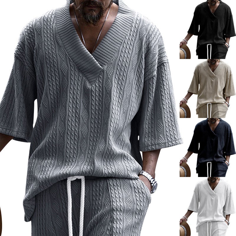 Cross-Border men''s casual knitted T-shirt men''s summer loose short sleeve loose large v-neck sports solid color T-shirt men - Image 2