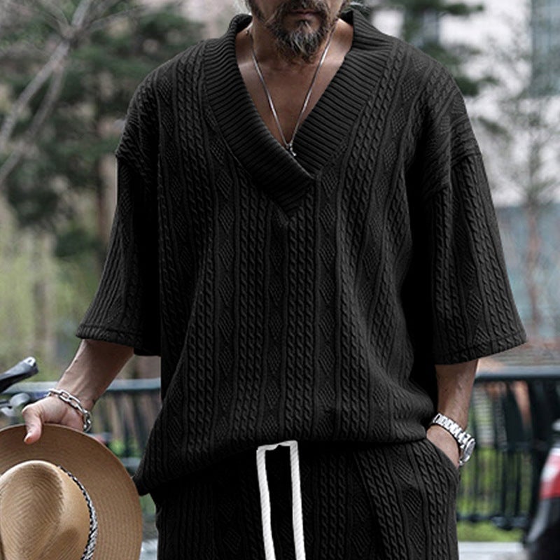 Cross-Border men''s casual knitted T-shirt men''s summer loose short sleeve loose large v-neck sports solid color T-shirt men - Image 5