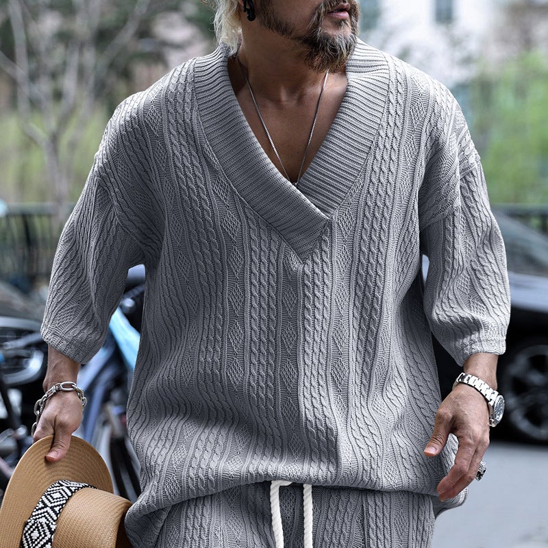 Cross-Border men''s casual knitted T-shirt men''s summer loose short sleeve loose large v-neck sports solid color T-shirt men - Image 1