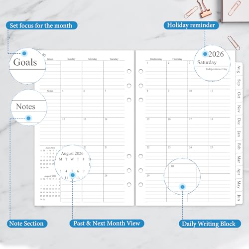 Homlive 2026-2027 Monthly Planner Refill, A5 Medium Planner Inserts for 6 Holes, 5.5"x8.5", Jul. 2026 - Dec. 2027, 18 Monthly Calendars with Laminated Tabs, 6-Hole Punched - Image 3