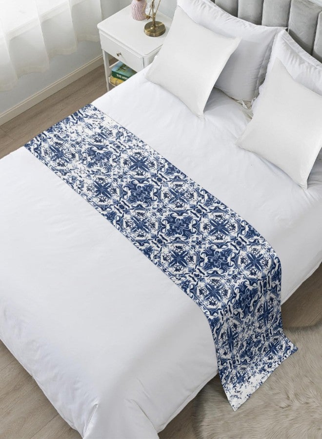 Ldtrchee Bed Runner for King Size Bed, Navy Blue Boho Bed Scarf Throws for Foot of Bed, Ehtnic Abstract Art Modern Geometric Luxury Bedding Protector Bed Runners for Hotel/Home, 94 x 20 Inch - Image 1