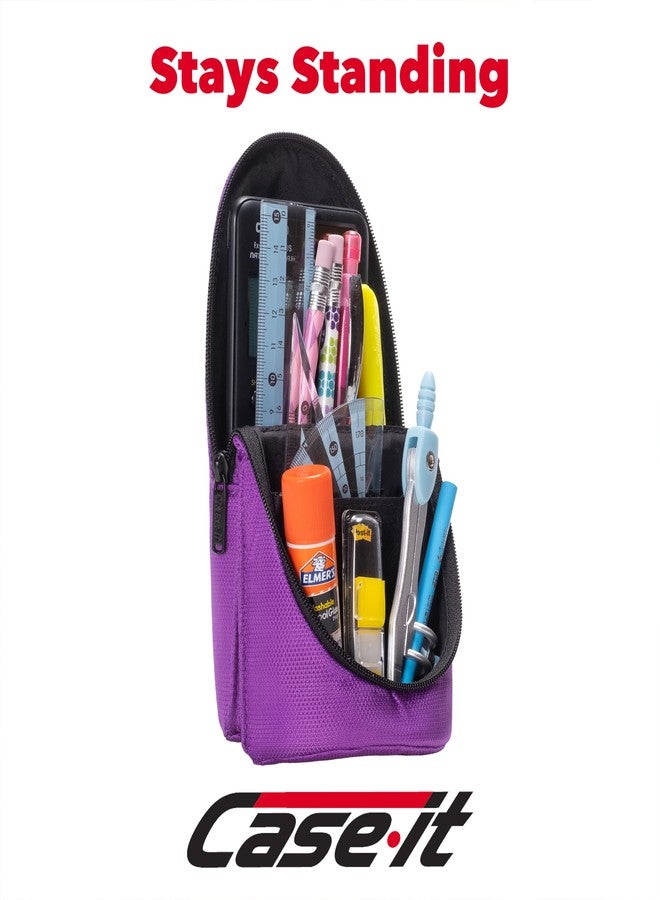 Case it Case-it Magnetic Stand Up Pouch, Stand up Pencil Case, Large Capacity Pencil Pouch, Zipper Phone Holder, Mobile Phone Bracket, Stationery Organizer, Storage Makeup Pouch, PLP-167, Purple - Image 2