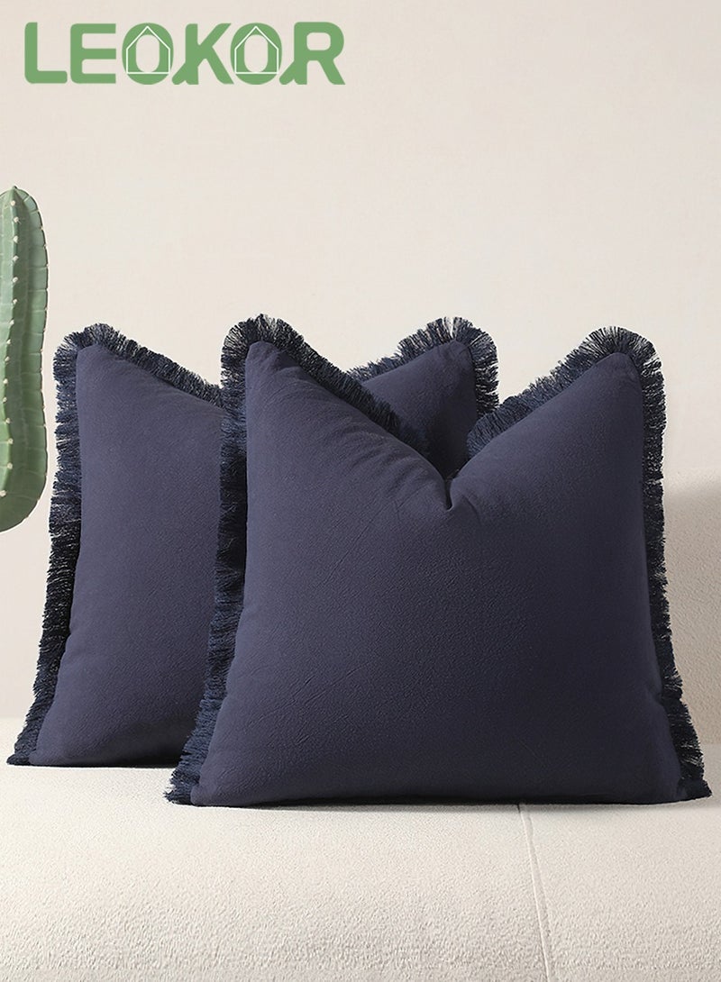 LEOKOR Set of 2 Cushion Case, 45*45CM Decorative Linen Fringe Throw Pillow Covers, Cozy Boho Farmhouse Cushion Cover with Tassels, Soft Pillowcase for Chair Couch Sofa Bed Bedroom Home Decor, Blue - Image 1