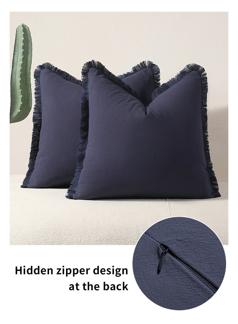 LEOKOR Set of 2 Cushion Case, 45*45CM Decorative Linen Fringe Throw Pillow Covers, Cozy Boho Farmhouse Cushion Cover with Tassels, Soft Pillowcase for Chair Couch Sofa Bed Bedroom Home Decor, Blue - Image 5