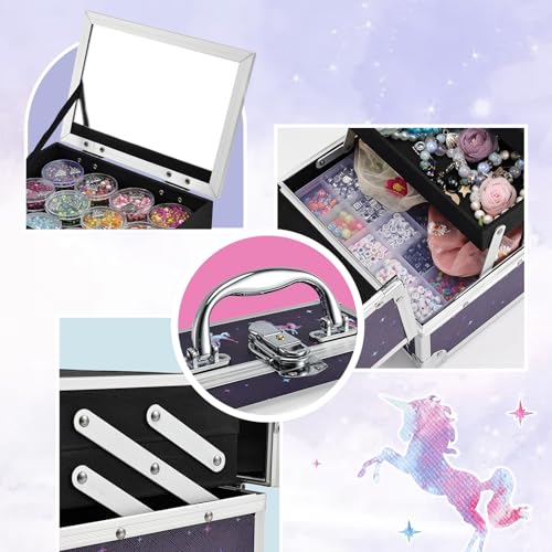Joligrace Makeup Case for Girls Cosmetic Train Case Makeup Storage Box Jewelry Organizer Hair Accessories Lockable with Trays & Mirror Kids Gift Unicorn - Image 4