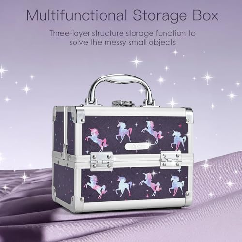 Joligrace Makeup Case for Girls Cosmetic Train Case Makeup Storage Box Jewelry Organizer Hair Accessories Lockable with Trays & Mirror Kids Gift Unicorn - Image 2