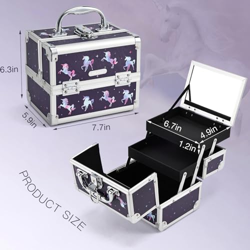 Joligrace Makeup Case for Girls Cosmetic Train Case Makeup Storage Box Jewelry Organizer Hair Accessories Lockable with Trays & Mirror Kids Gift Unicorn - Image 5