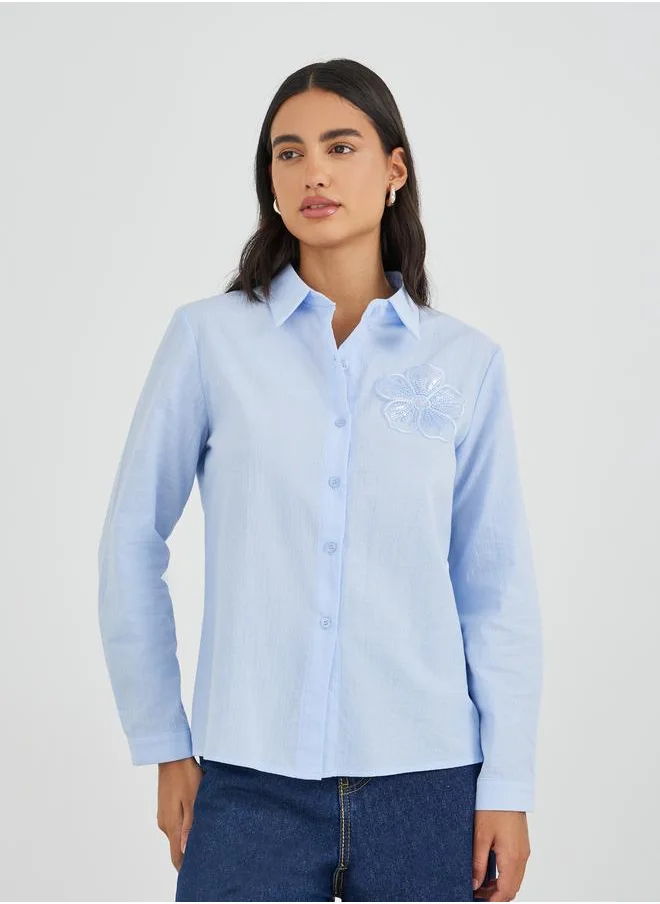 Styli Styli Embroidered Spread Collar Long Sleeve Shirt