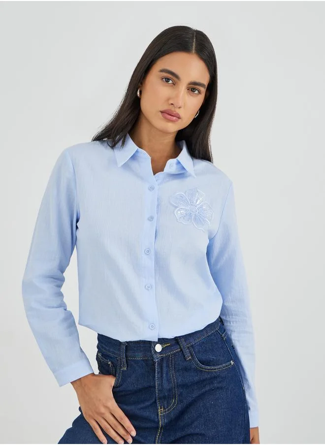 Styli Styli Embroidered Spread Collar Long Sleeve Shirt