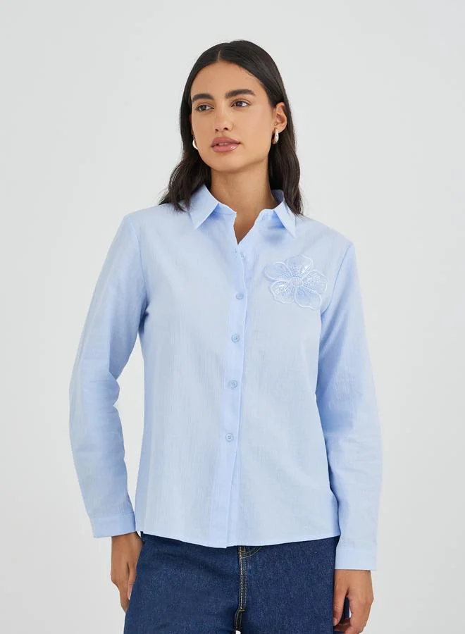 Styli Embroidered Spread Collar Long Sleeve Shirt