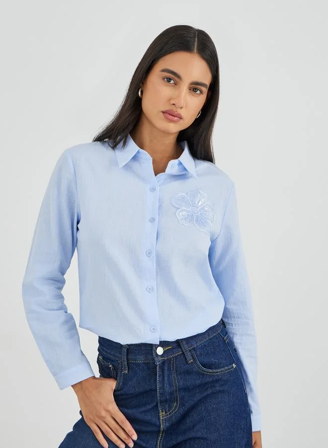 Styli Embroidered Spread Collar Long Sleeve Shirt