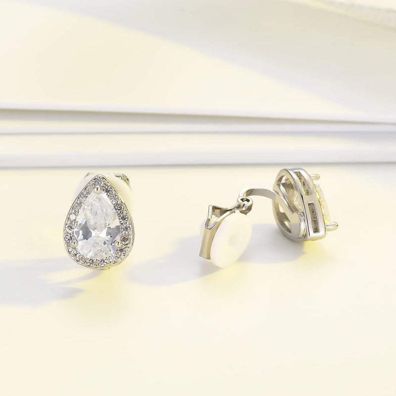 SELOVO Teardrop Bridal Wedding Clear White Cubic Zirconia Clip On Earrings Stud Silver Tone - Image 5