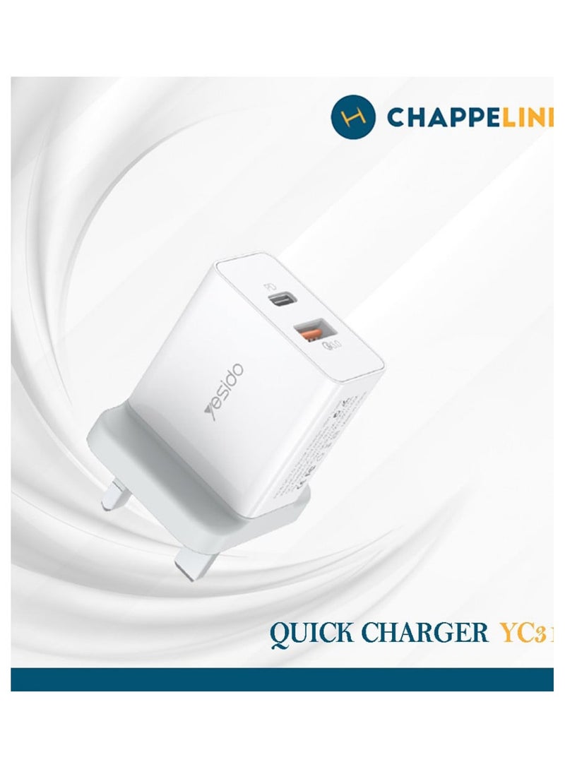يسيدو يسيدو – شاحن حائط YC31 سريع ثنائي المنافذ مع منافذ PD و USB – أبيض  - Image 4