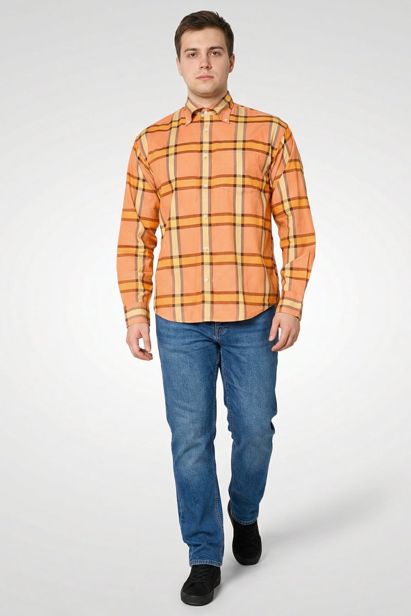 GANT قميص رجالي عادي بقصة مريحة بأكمام طويلة ومربعات، برتقالي - Image 1