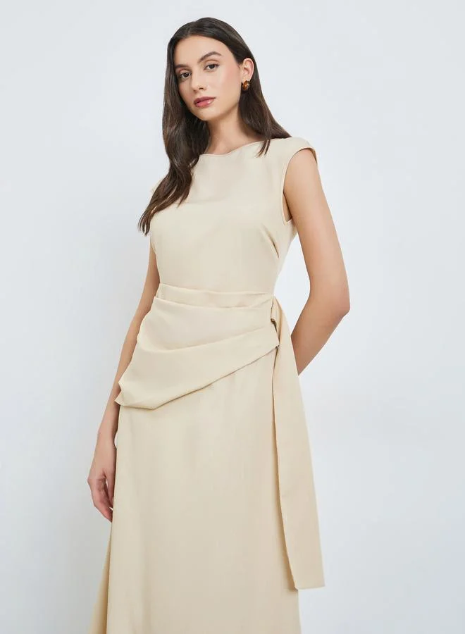 Take Two Beige Solid Midi Dress with Puff Sleeves