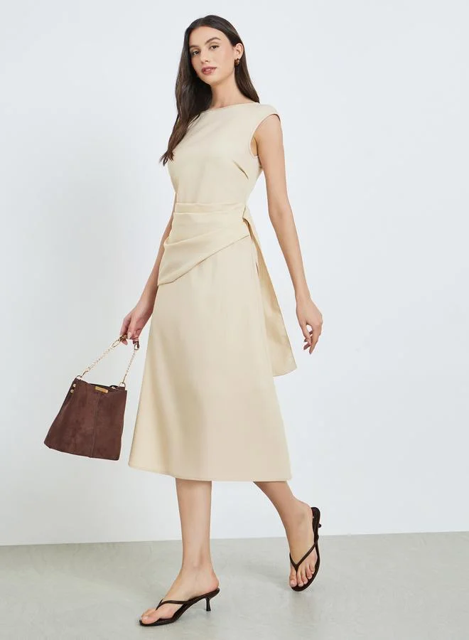 Take Two Beige Solid Midi Dress with Puff Sleeves
