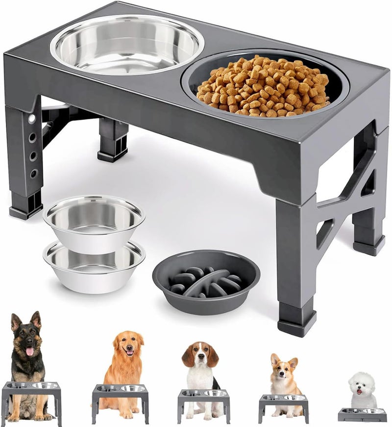 BLYPHOO Elevated Dog Bowl: Raised Bowls stand with Two 1.5L Stainless Steel Bowls & 1 Slow Feeder Dog Bowl, BLYPHOO Adjustable Bowls Stand with Anti Slip Feet, for Small, Medium and Large Pets (grey) - Image 1