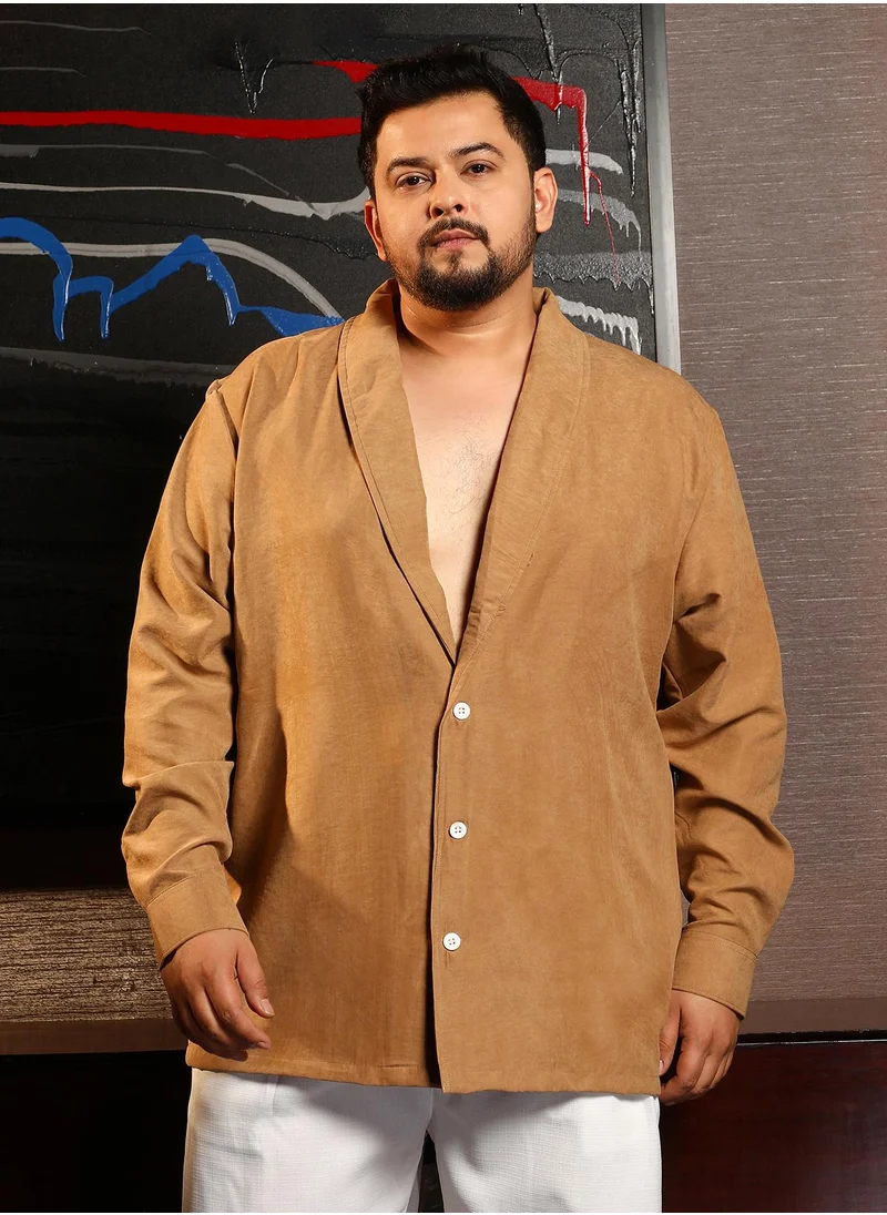 انستافاب بلس Instafab Plus Men's Tan Brown Solid Shawl Collar Relaxed Shirt For Casual Wear | Shawl Collar | Long Cuffed Sleeves | Button Closure | Plus Size Shirt Crafted With Comfort Fit For Everyday Wear