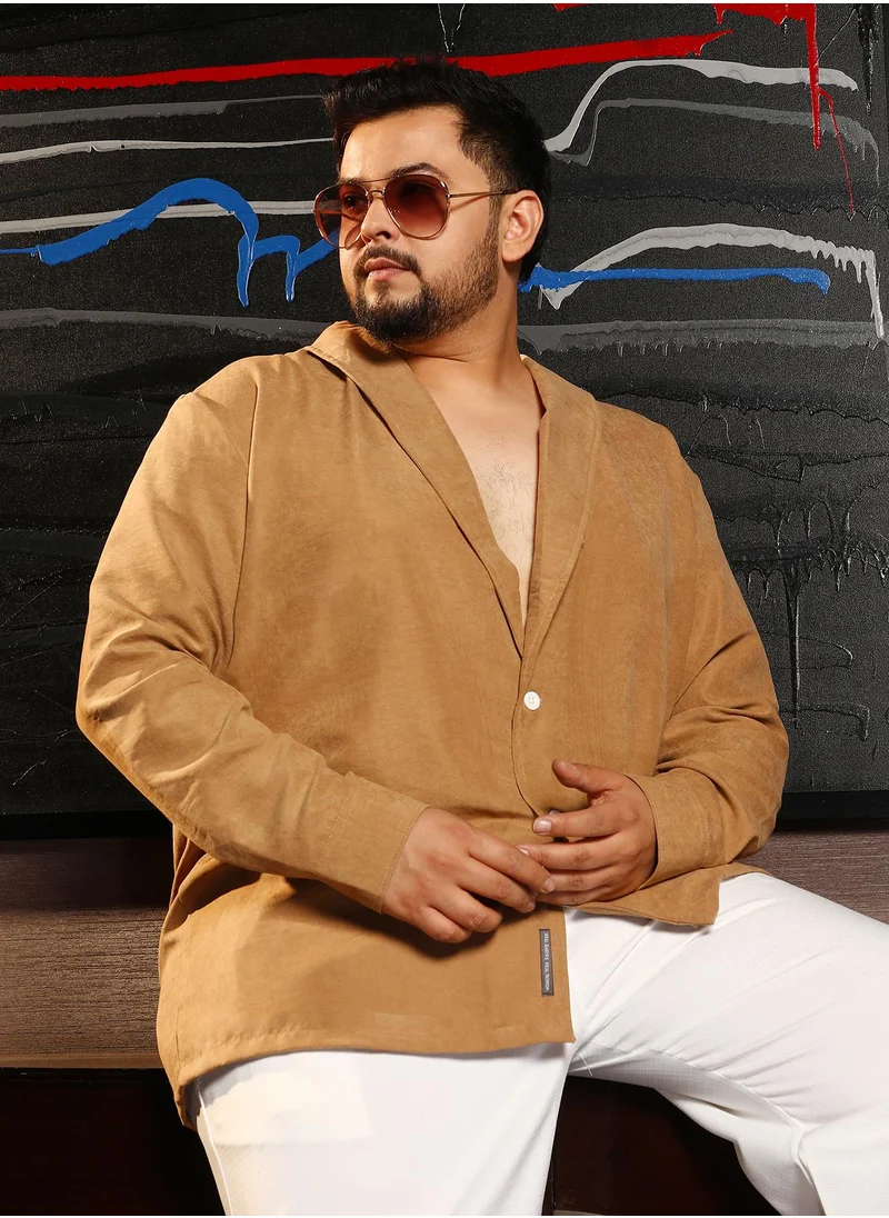 انستافاب بلس Instafab Plus Men's Tan Brown Solid Shawl Collar Relaxed Shirt For Casual Wear | Shawl Collar | Long Cuffed Sleeves | Button Closure | Plus Size Shirt Crafted With Comfort Fit For Everyday Wear