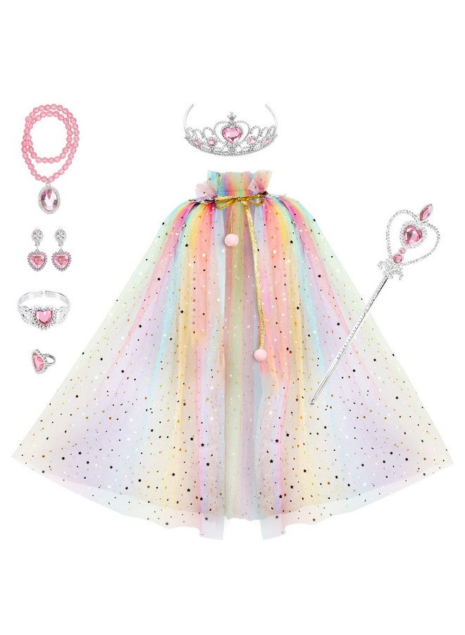 fedio Princess Cape Set 7 Pieces Girls Princess Cloak With Tiara Crown, Wand For Little Girls Dress Up (Rainbow) - Image 1