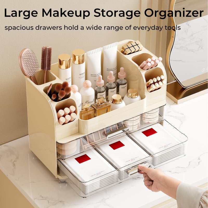 UFORU Makeup Organizer for Vanity with 2 Large Drawers, Cosmetic Display Case with Brush Holders, Easy to Storage for Bathroom Countertop Skincare, Perfume, Cream White - Image 3