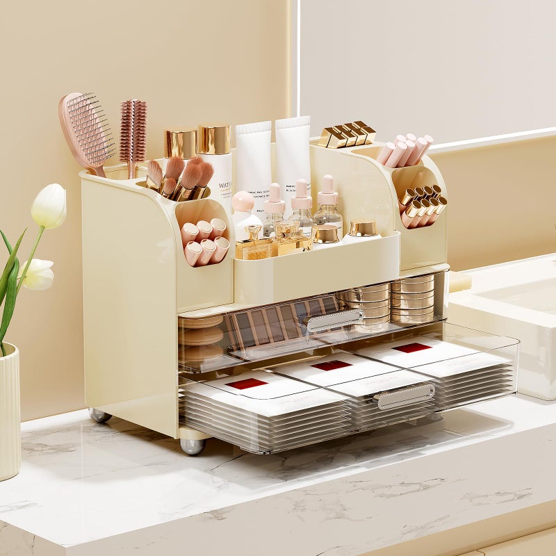 UFORU Makeup Organizer for Vanity with 2 Large Drawers, Cosmetic Display Case with Brush Holders, Easy to Storage for Bathroom Countertop Skincare, Perfume, Cream White - Image 2