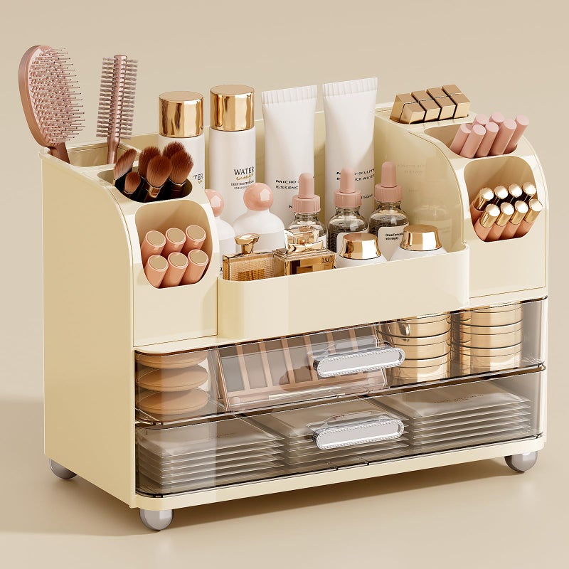 UFORU Makeup Organizer for Vanity with 2 Large Drawers, Cosmetic Display Case with Brush Holders, Easy to Storage for Bathroom Countertop Skincare, Perfume, Cream White - Image 1