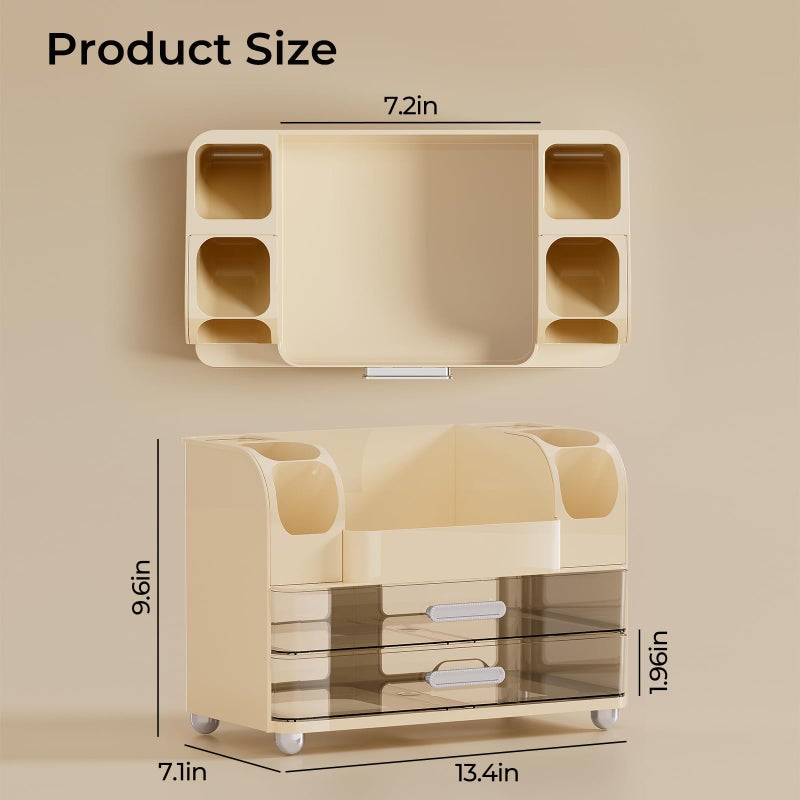 UFORU Makeup Organizer for Vanity with 2 Large Drawers, Cosmetic Display Case with Brush Holders, Easy to Storage for Bathroom Countertop Skincare, Perfume, Cream White - Image 4