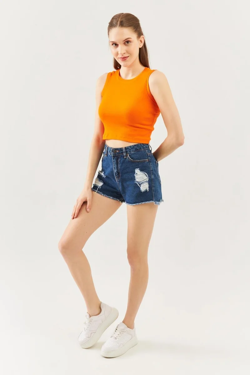 Butikgiz Turuncu Sıfır Kol Bisiklet Yaka Vücuda Oturan %100 Pamuklu Kaşkorse Esnek Crop Bluz