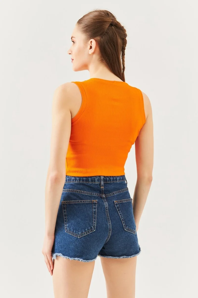 Butikgiz Turuncu Sıfır Kol Bisiklet Yaka Vücuda Oturan %100 Pamuklu Kaşkorse Esnek Crop Bluz