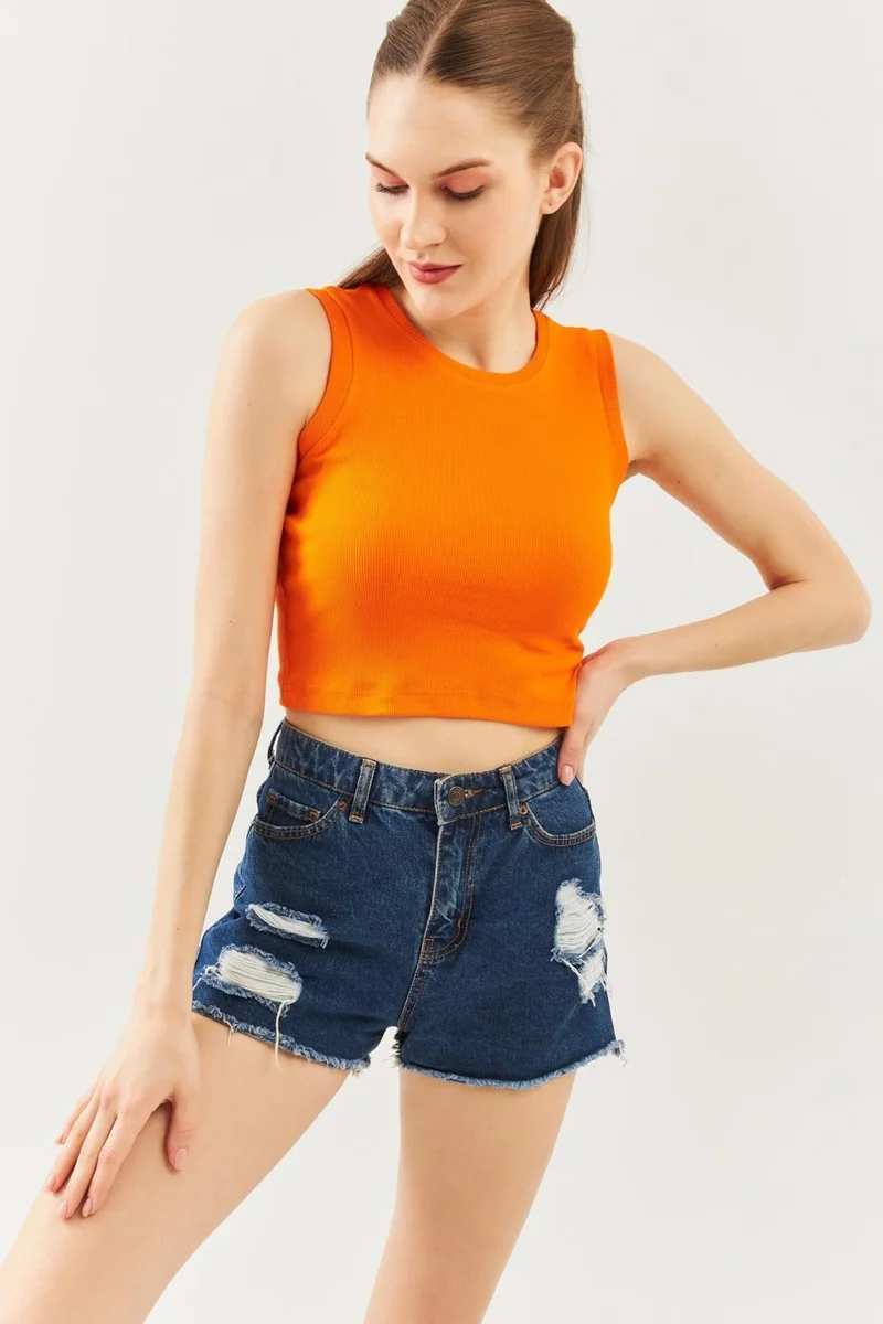 Butikgiz Turuncu Sıfır Kol Bisiklet Yaka Vücuda Oturan %100 Pamuklu Kaşkorse Esnek Crop Bluz